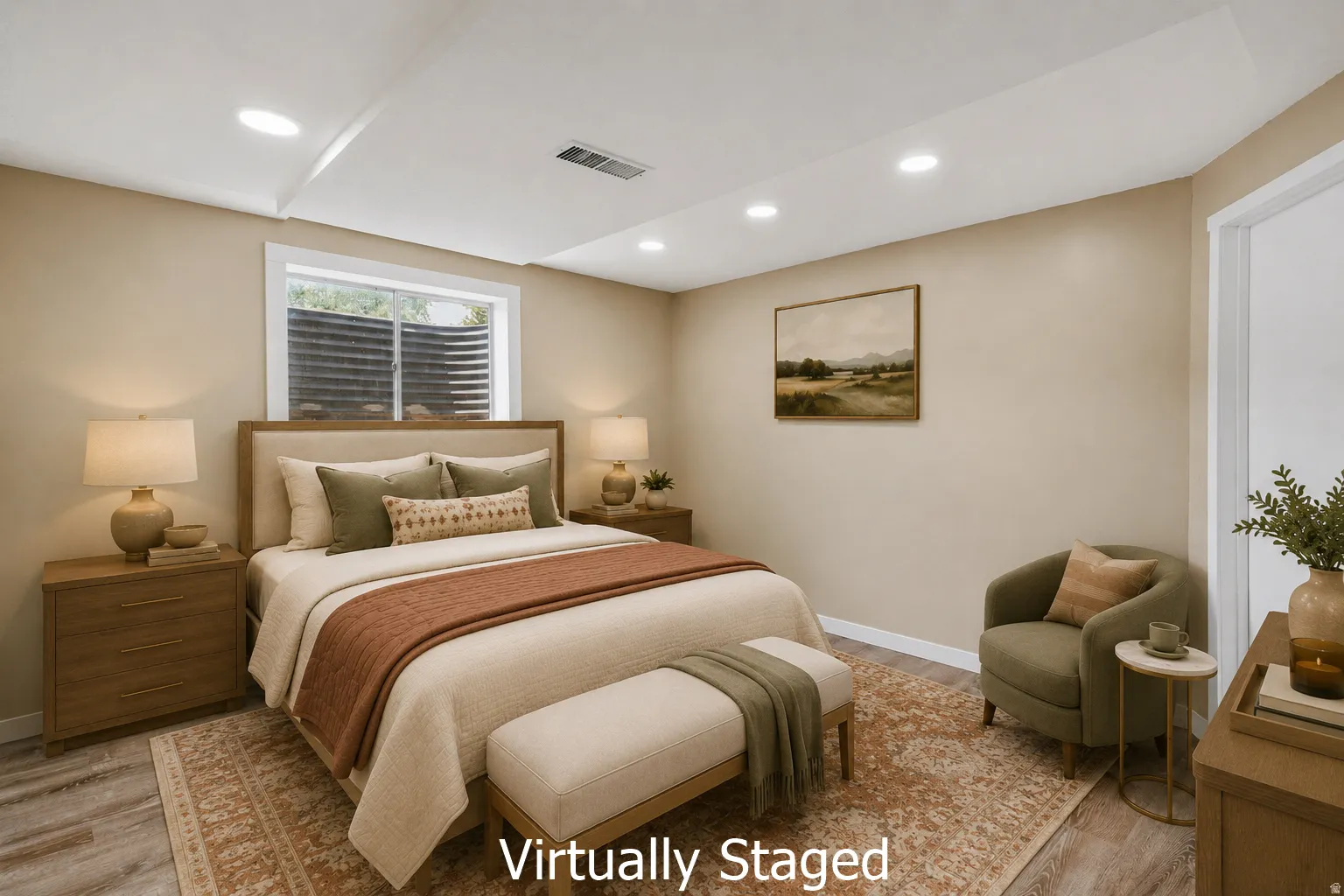 Bedroom featuring recessed lighting, a window with a well-cover, and wood-finish flooring