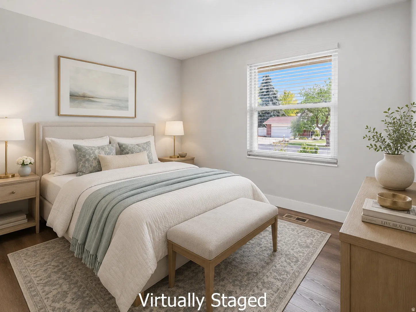 Bedroom featuring light-toned walls, wood-finish flooring, a window with horizontal blinds, a neutral-toned headboard, and a light-colored area rug