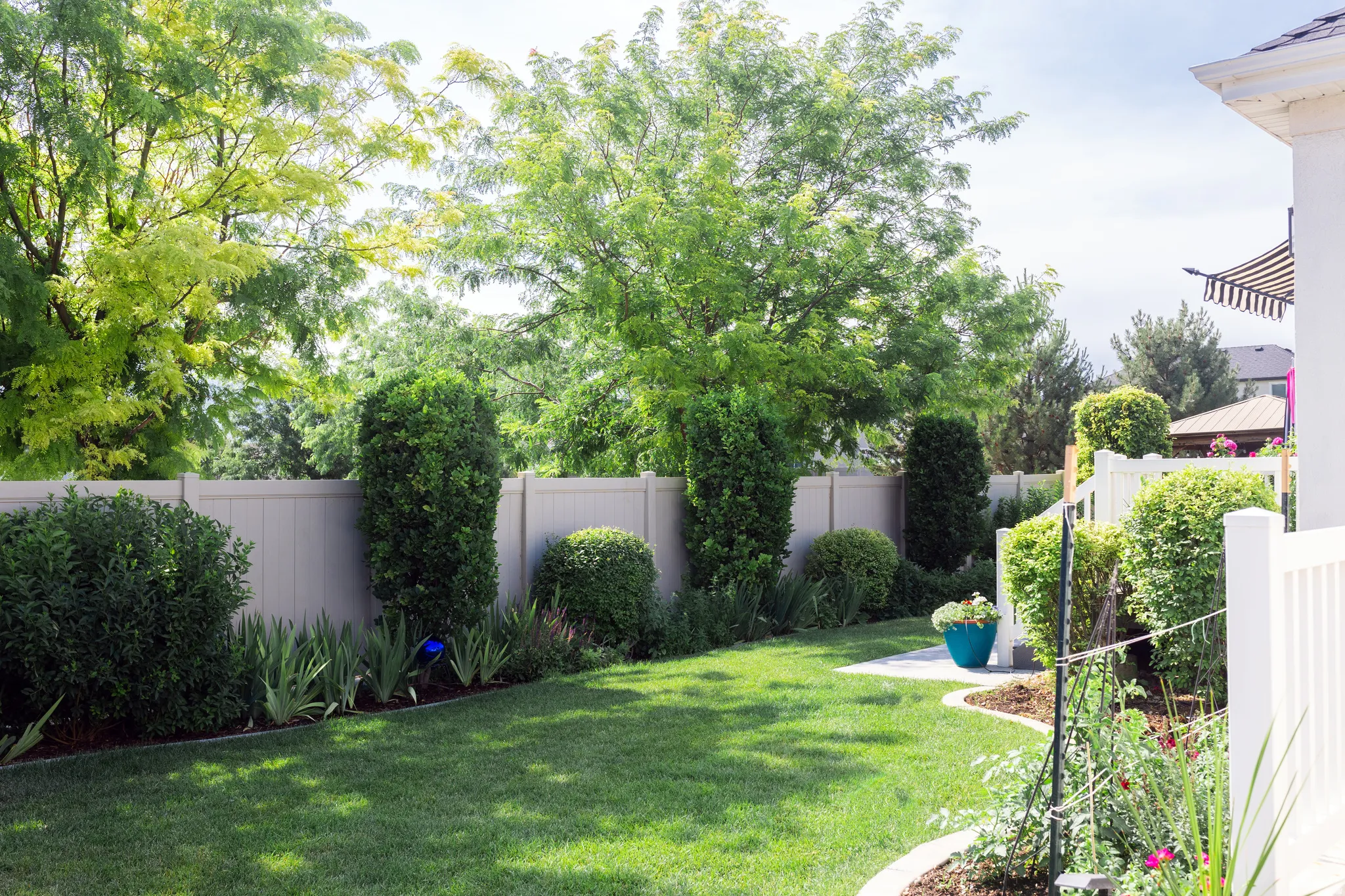 Backyard featuring a manicured lawn, established perimeter landscaping, privacy fencing, a curved concrete patio section, and a garden bed