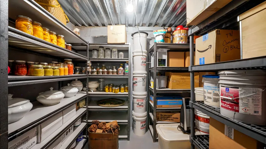 Extensive pantry storage featuring industrial-grade shelving with multiple tiers, organized dry goods storage in glass and sealed containers, built-in lazy Susan carousel system, dedicated spice rack organization, and ample space for non-perishable invent