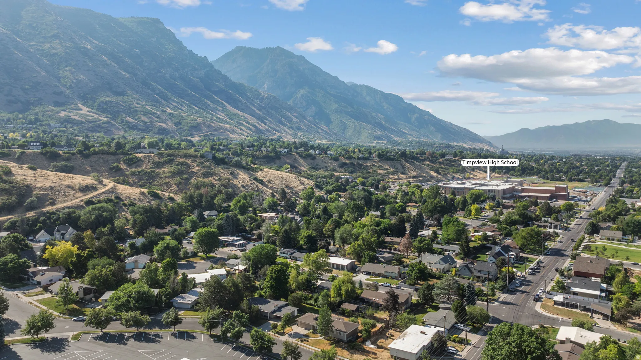 Aerial perspective showcasing a residential area with mature trees and established streets