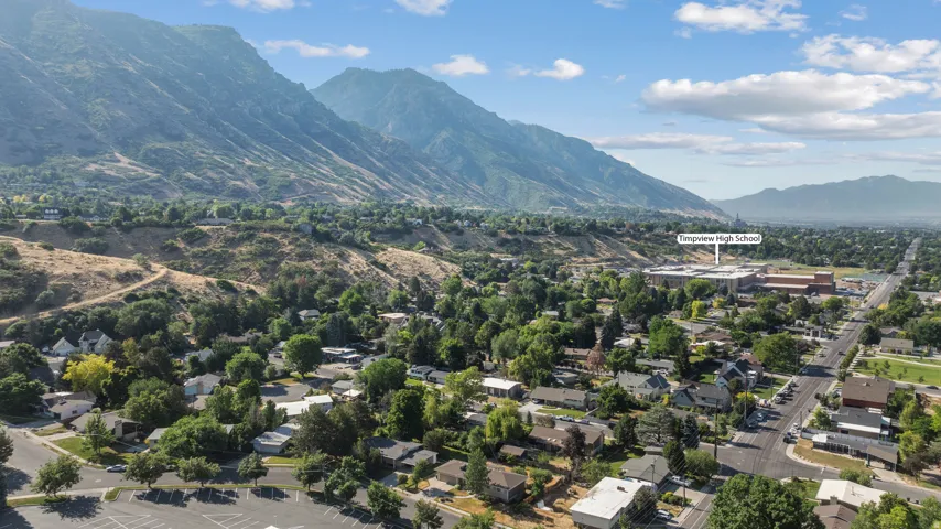 Aerial perspective showcasing a residential area with mature trees and established streets