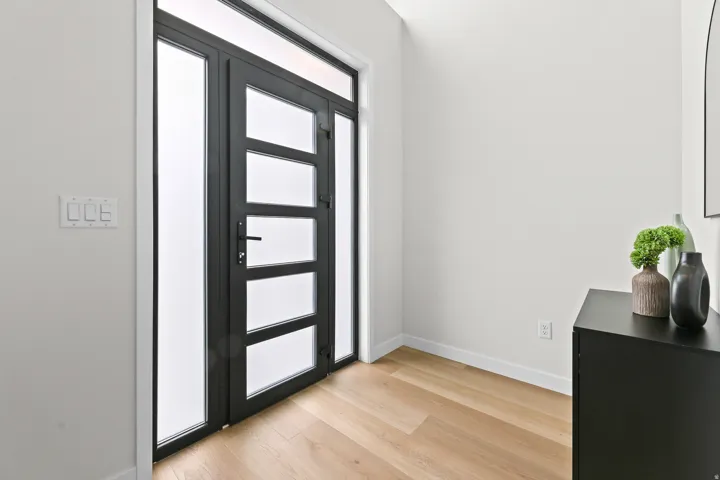 Modern entryway featuring a dark-framed front door with four frosted glass panels, side lights, and a transom window