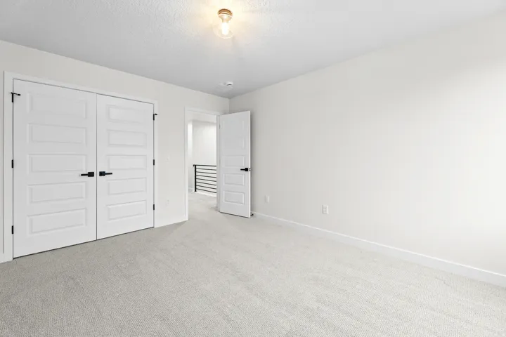 Light gray carpeted room with white walls and trim