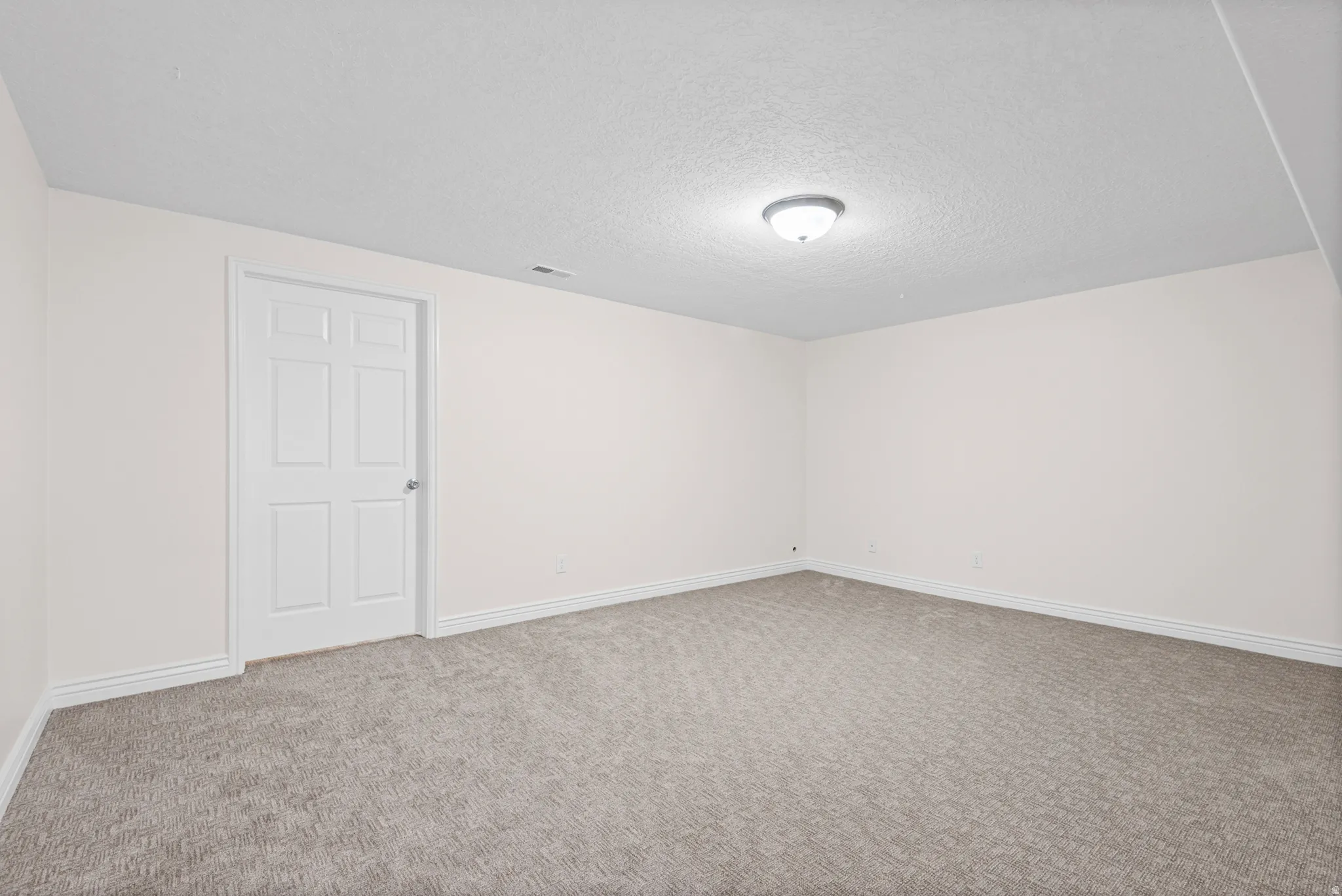 Spacious room featuring neutral carpeting, light-colored walls, white baseboards, and a six-panel interior door