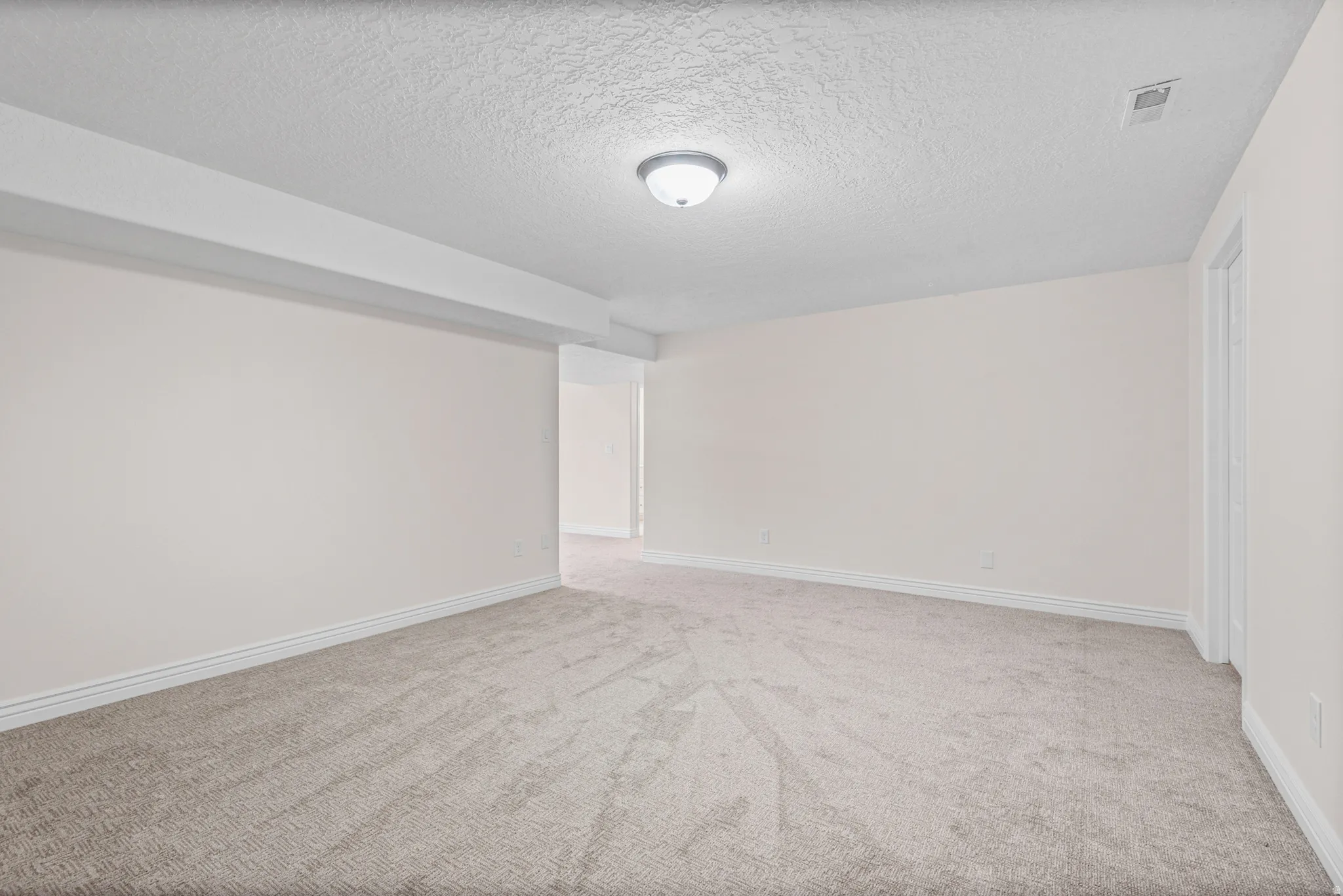 Spacious room with new carpeting, light neutral wall paint, and white trim