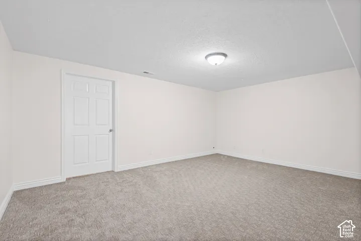 Spacious room featuring neutral carpeting, light-colored walls, white baseboards, and a six-panel interior door