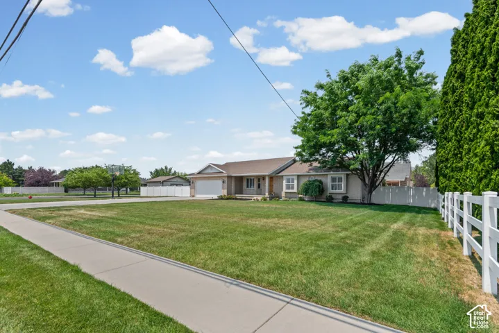 Expansive front lawn with a sidewalk