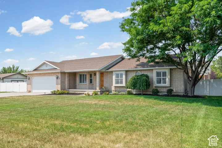 Brick ranch-style exterior featuring a two-car garage, covered porch entry, and a prominent mature tree providing natural shading