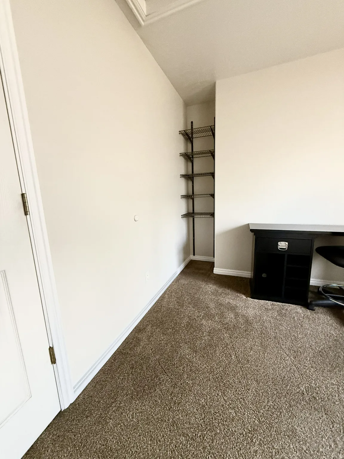 Room featuring wall-to-wall carpeting, light neutral wall paint, and a built-in shelving unit