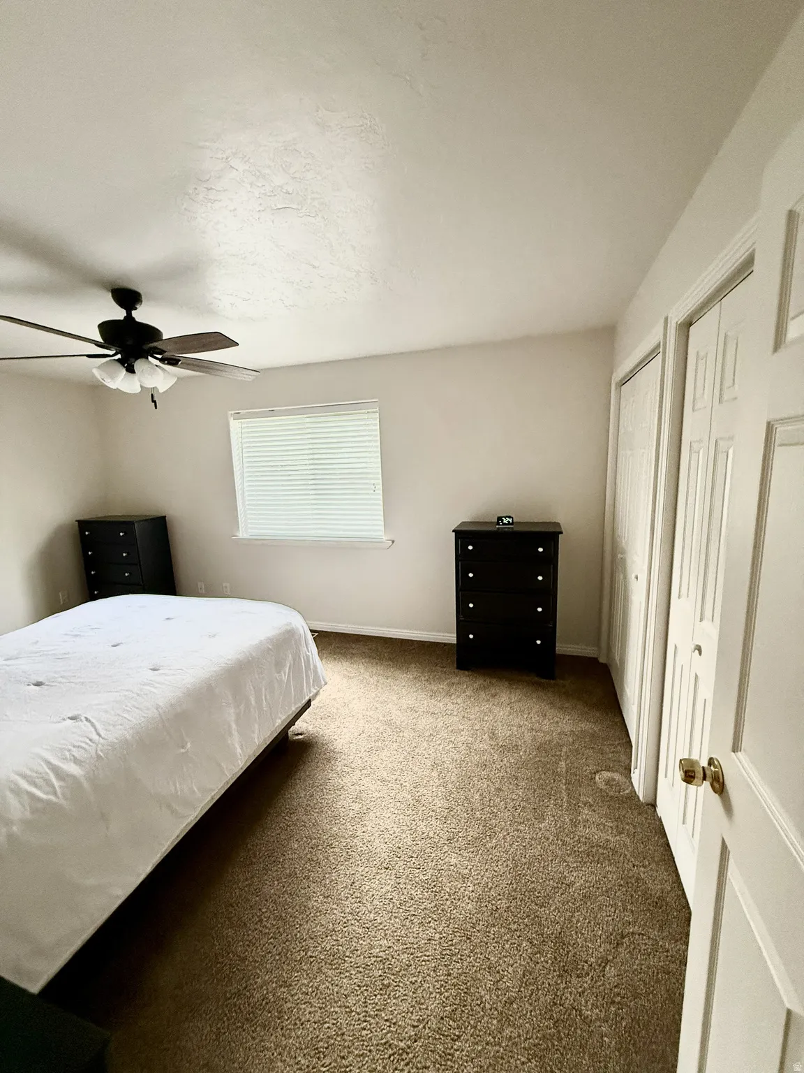 Carpeted room featuring a ceiling fan with integrated lighting, a window with horizontal blinds, and bi-fold closet doors