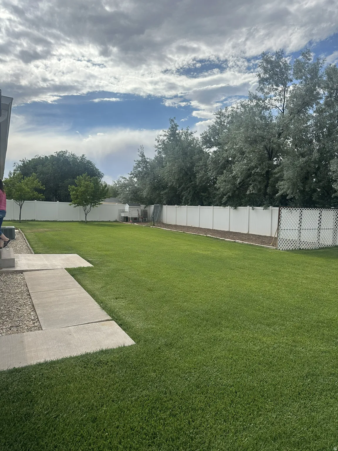 Expansive backyard featuring a lush green lawn, mature trees, and a full privacy fence