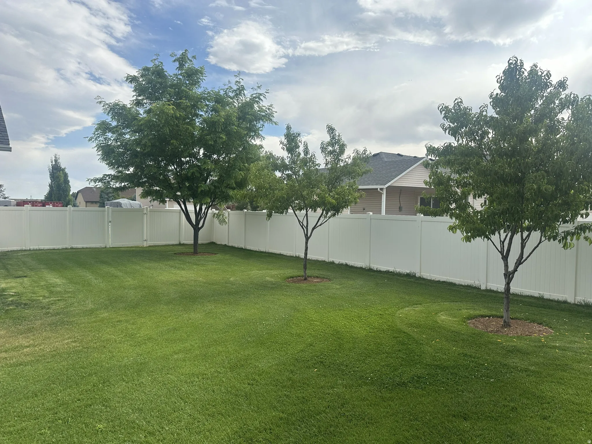 Expansive green lawn area featuring a full vinyl privacy fence and multiple mature trees