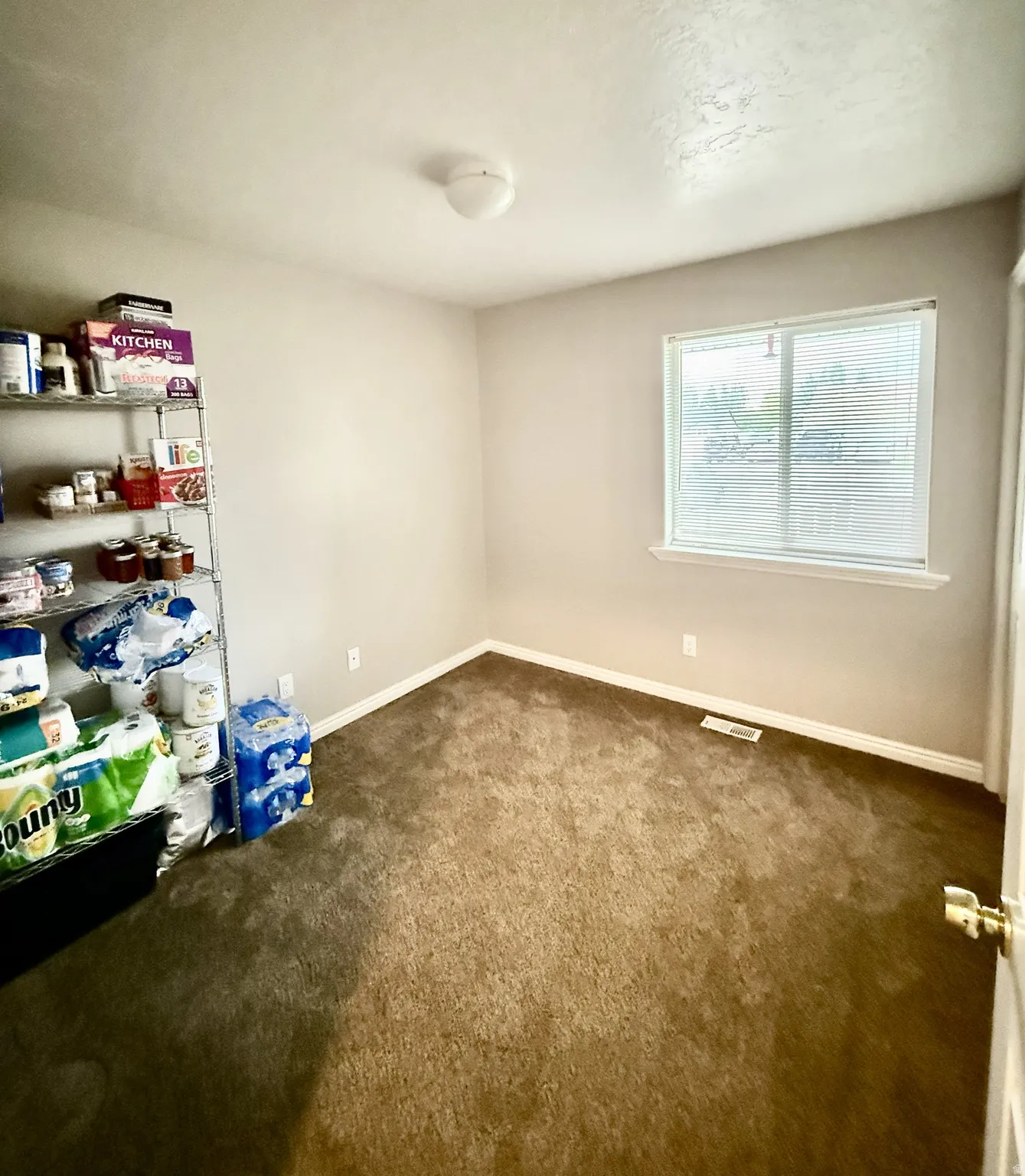 Room featuring neutral wall paint, brown carpet flooring, a window with blinds, baseboards, and a ceiling light fixture