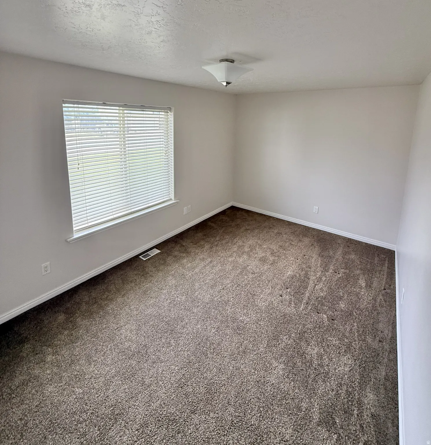 Neutral wall paint, plush carpet flooring, baseboard trim, window blinds, and a semi-flush mount ceiling light fixture