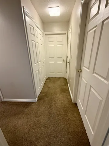 Hallway featuring brown carpeting, white paneled doors, and a flush mount ceiling light fixture
