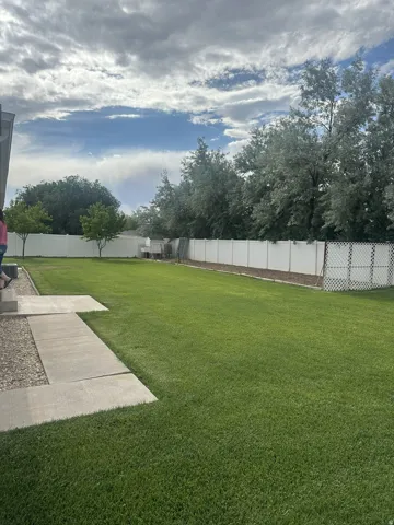 Expansive backyard featuring a lush green lawn, mature trees, and a full privacy fence