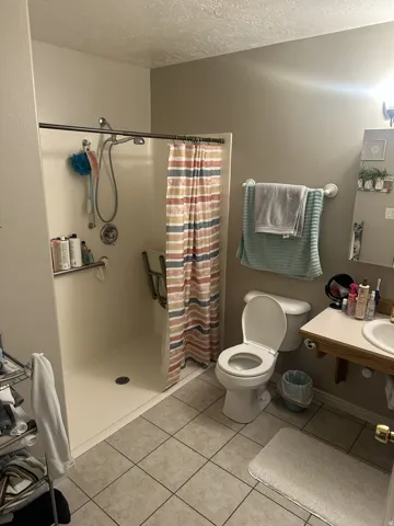 Bathroom featuring a walk-in shower with grab bars, a single vanity with a laminate countertop, a toilet, and tiled flooring