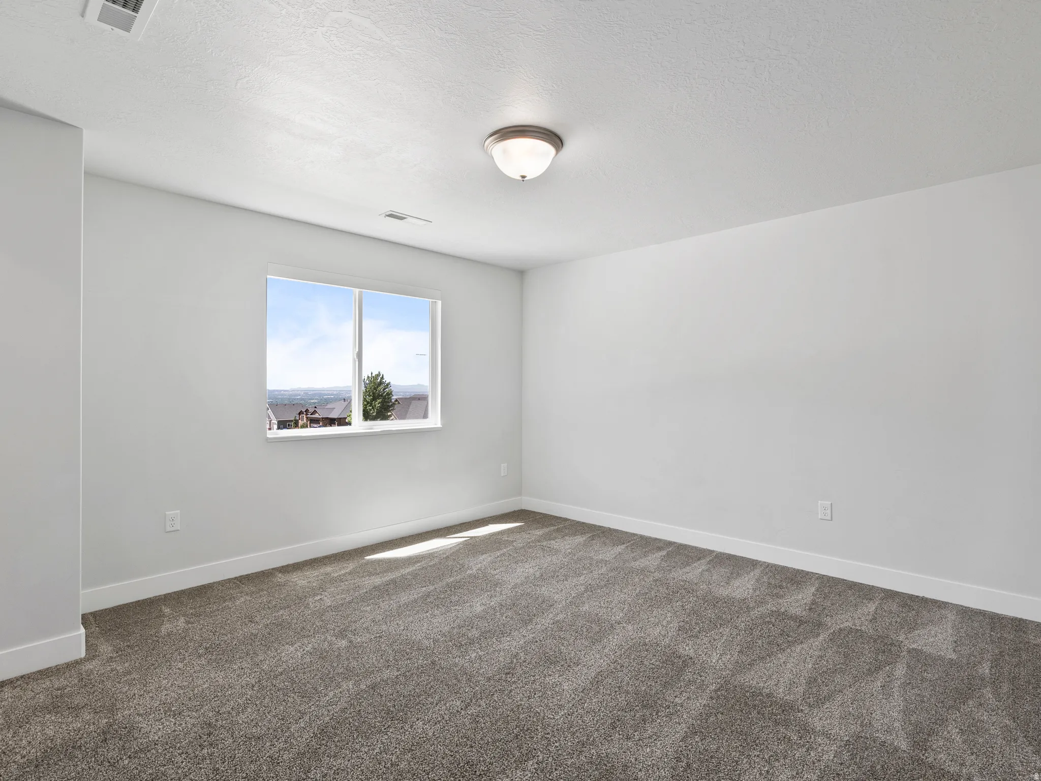 Bright room featuring a large window, neutral gray carpeting, white baseboards, and a flush mount ceiling light fixture