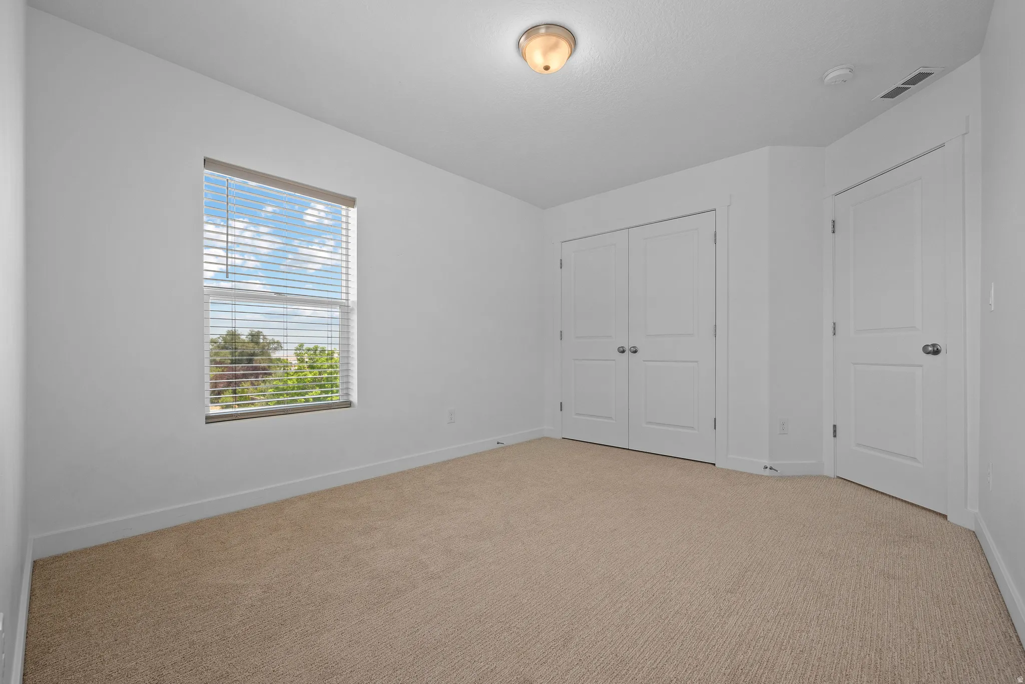 Room featuring neutral carpet, a single window with blinds, a double-door closet, a single paneled door, and a flush mount ceiling light