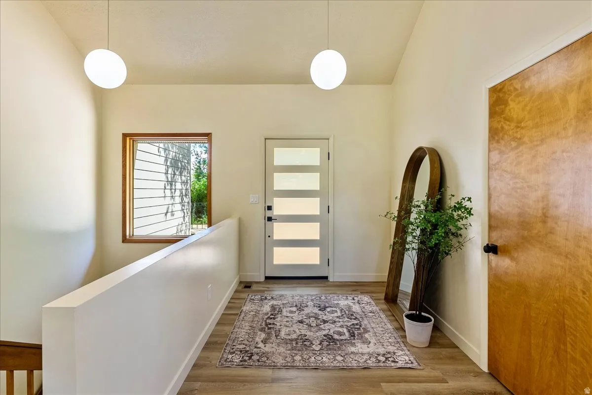 Foyer entry featuring a contemporary white door with frosted glass panels, wood-finish flooring, and two modern spherical pendant lights