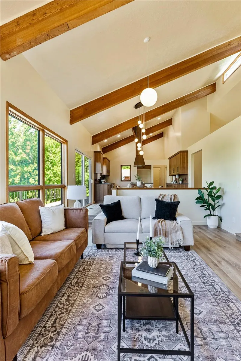 Vaulted ceilings with exposed wood beams