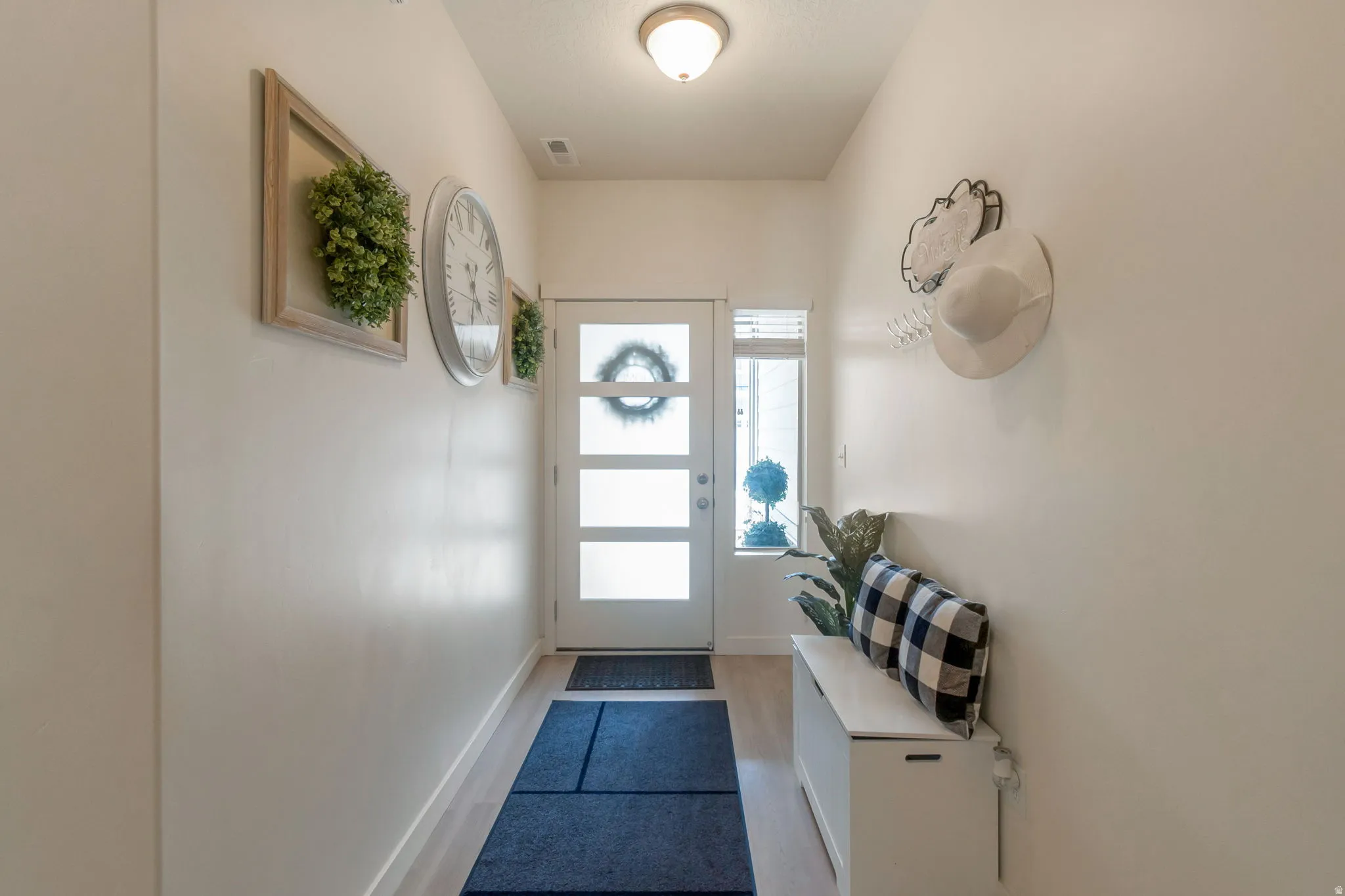 Entryway featuring a contemporary frosted glass paneled door and light wood-finish flooring