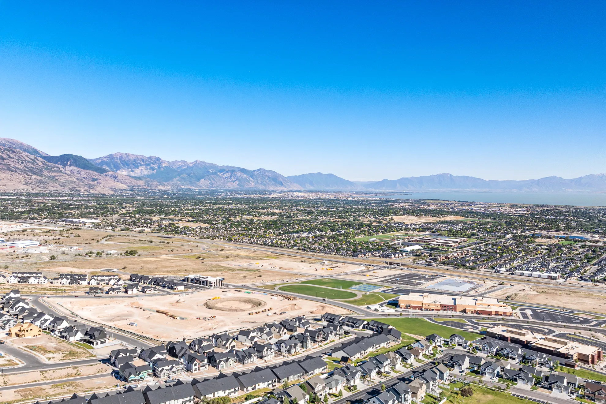 Aerial showing the new Lehi LDS Temple, Community Middle School, and Elementary School.