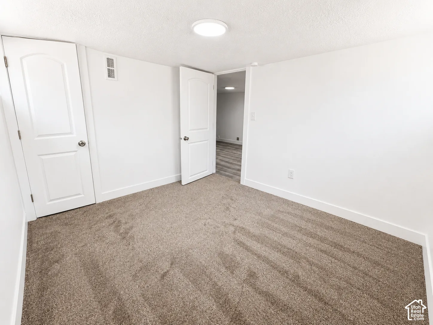 Neutral-toned carpet flooring and white walls create a blank canvas