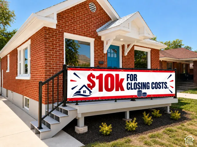 Red brick exterior, white trim, white-framed windows, light blue entry door, elevated front porch with black railing
