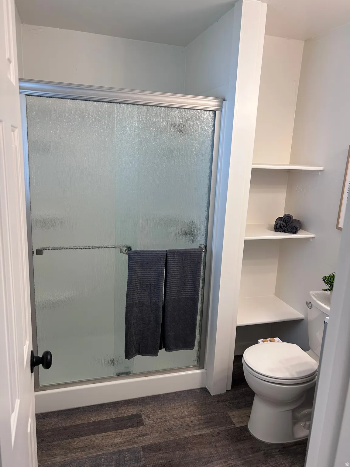 Full bathroom featuring a shower with frosted glass enclosure, built-in shelving, white toilet, and wood-finish flooring
