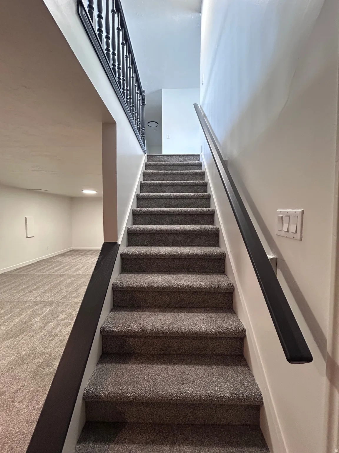 Carpeted staircase with dark baluster railing and a contrasting dark handrail