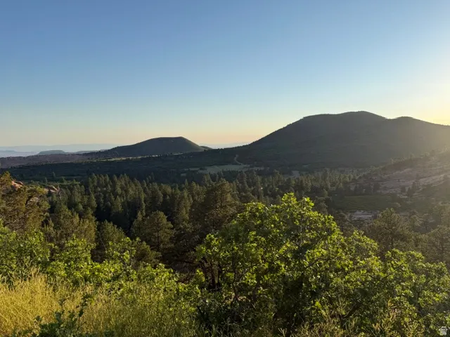 Expansive mountain scenery featuring distant peaks and dense tree coverage