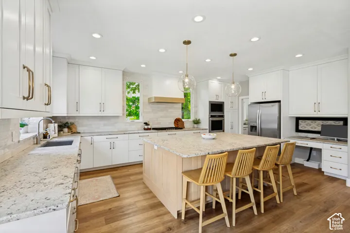 Expansive kitchen featuring wood-finish flooring, white cabinetry, integrated stainless steel appliances, and a large central island with seating