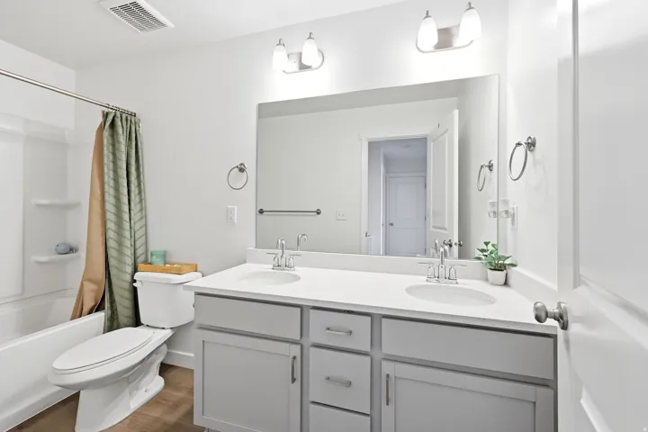 Bathroom featuring a dual-sink vanity with white countertops, light gray cabinetry, and a full-width mirror