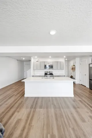 Open-concept kitchen featuring a large central island with an integrated sink, light wood-finish flooring, recessed lighting, white cabinetry, and stainless steel appliances