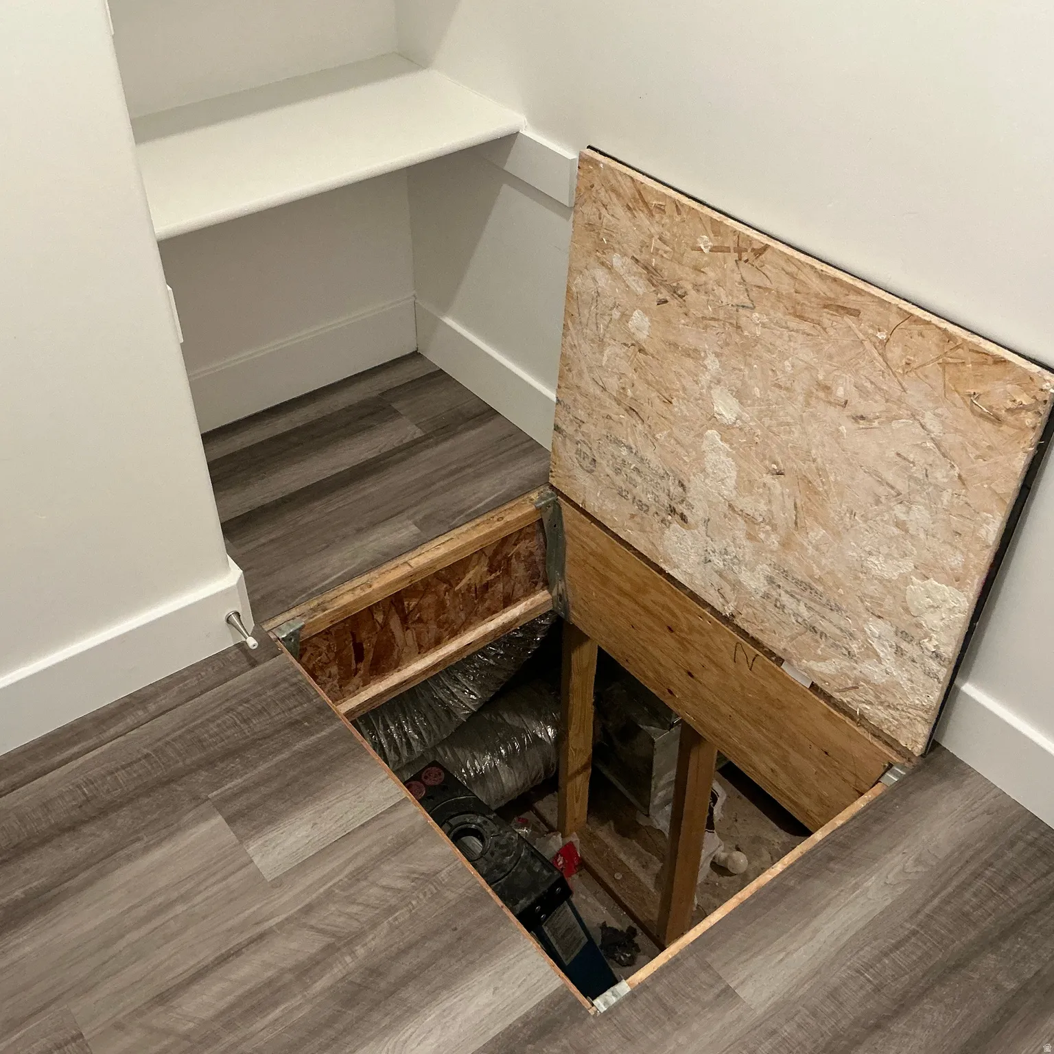 Laundry room access to crawlspace storage