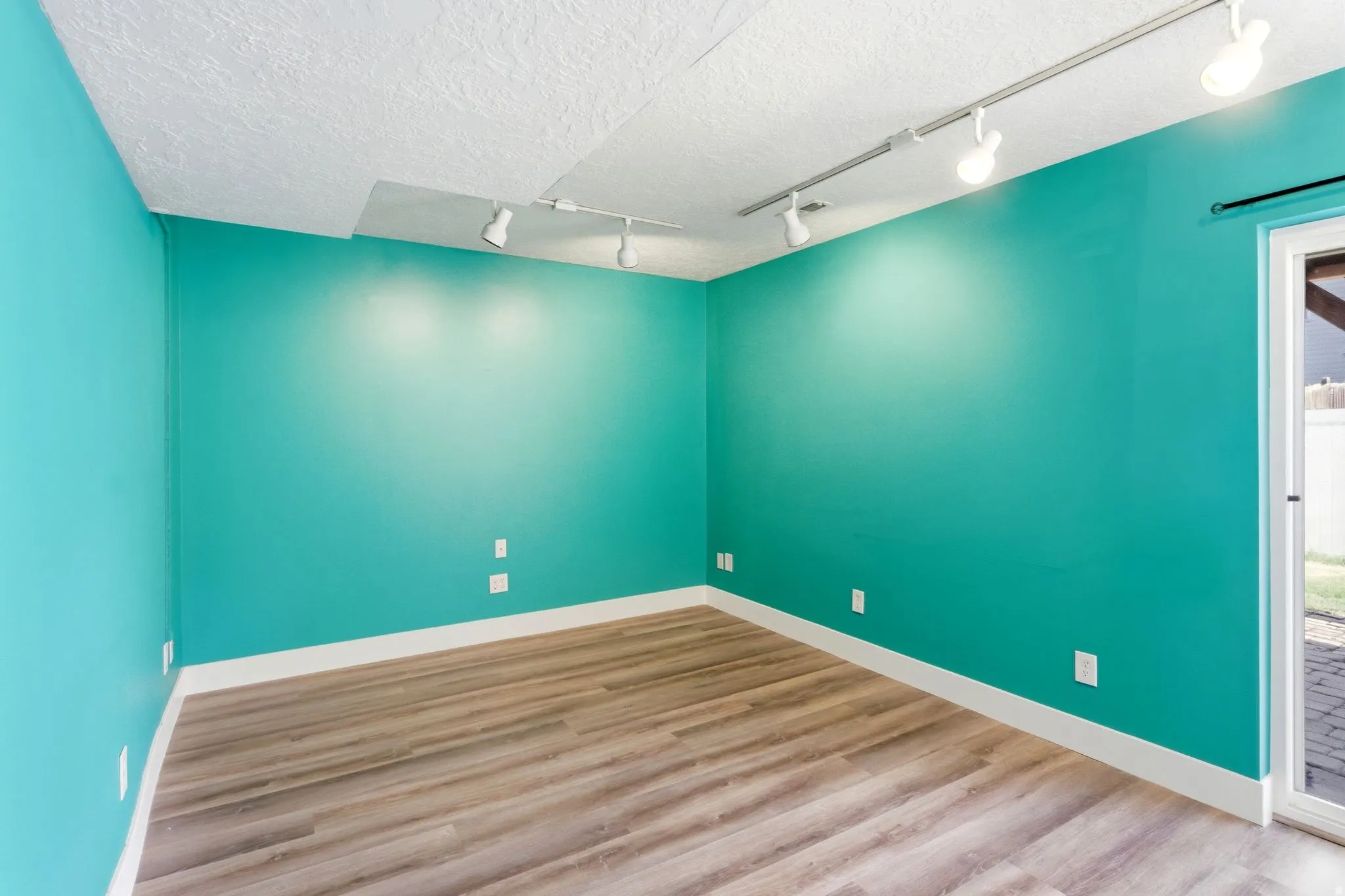Spacious room featuring wood-finish flooring, vibrant turquoise walls, and track lighting