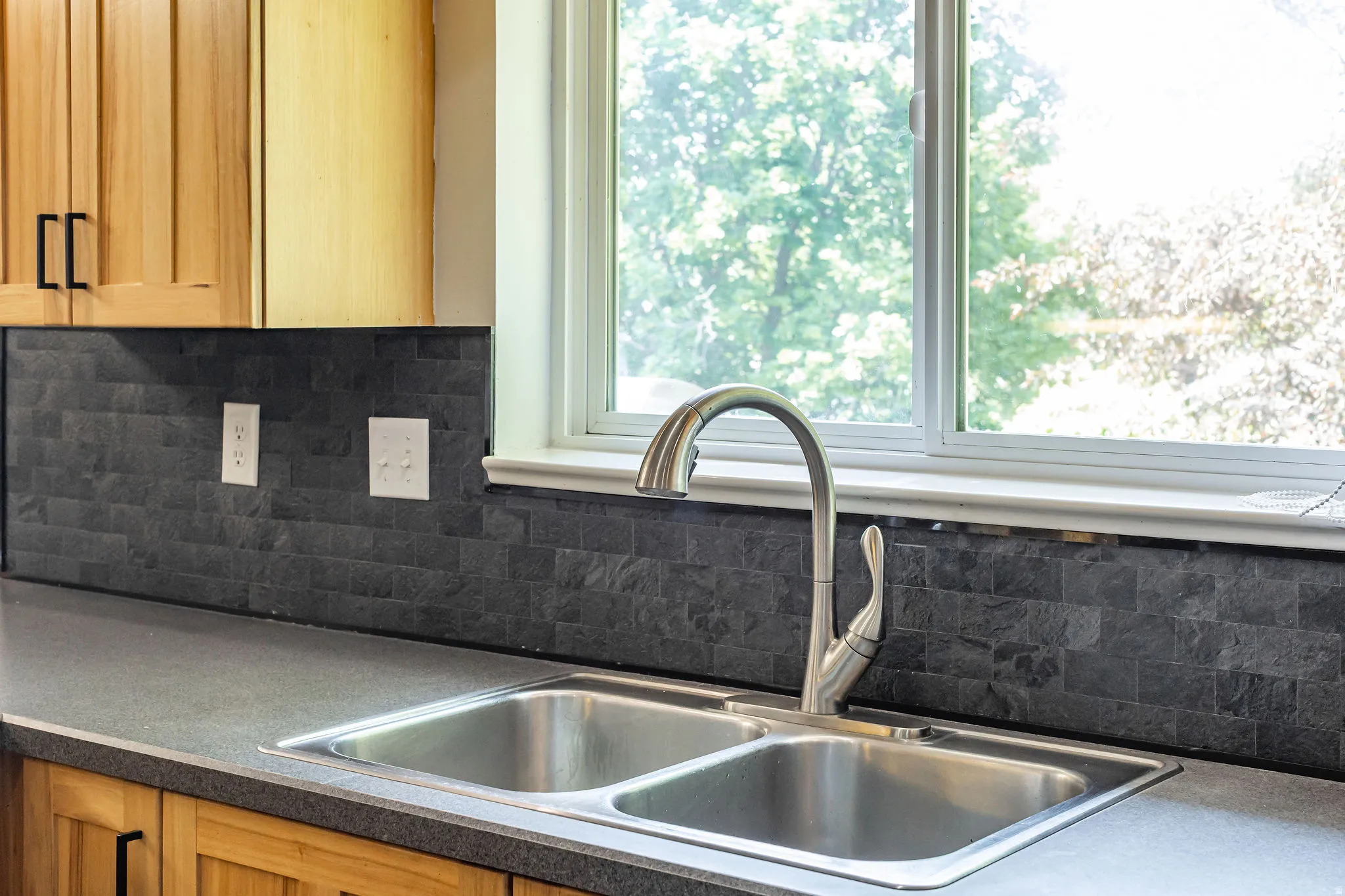 Dual basin stainless steel sink with a high-arc faucet, set within a dark countertop