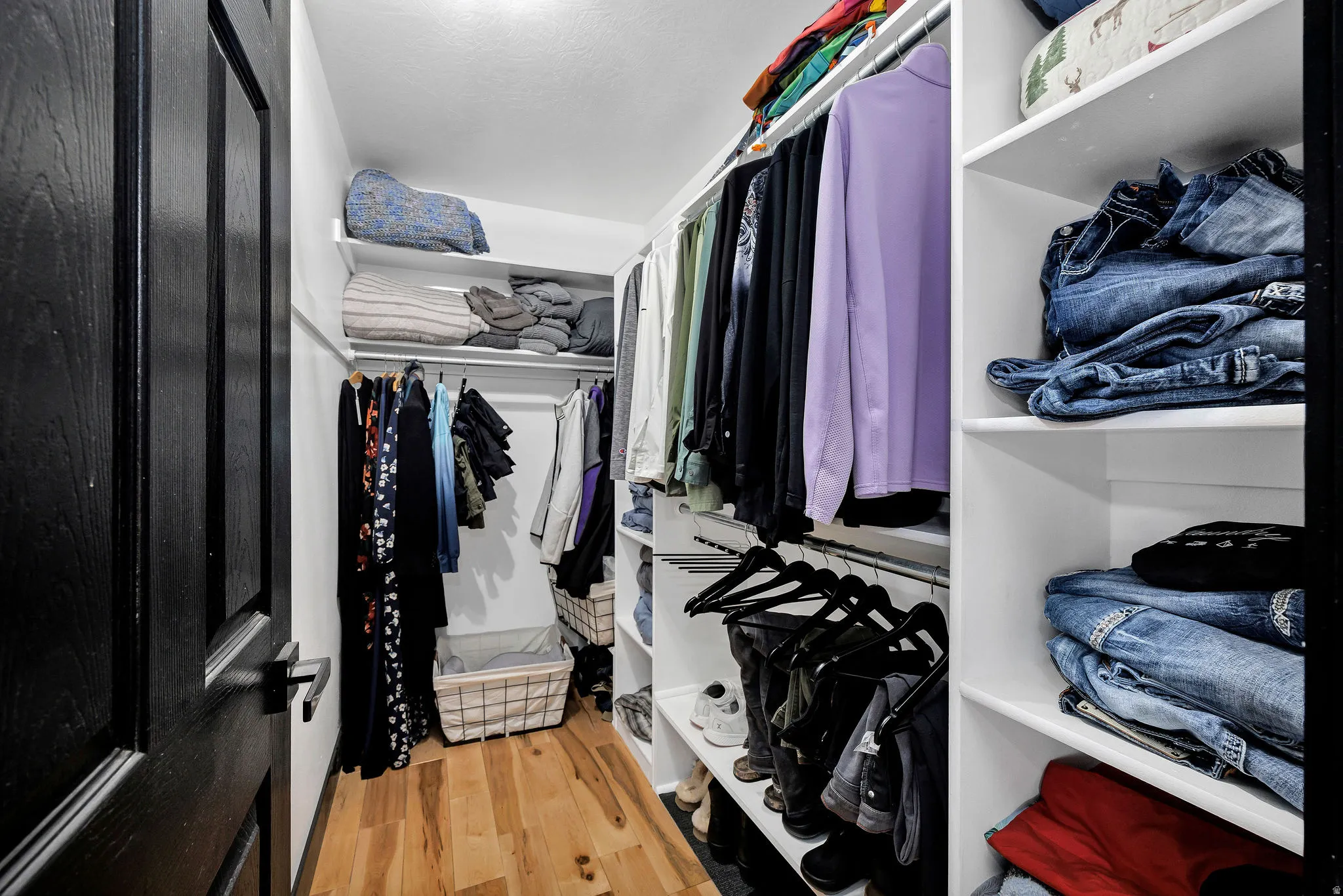 Walk-in closet featuring wood-finish flooring, white built-in shelving, white walls, and a dark paneled door with contemporary hardware
