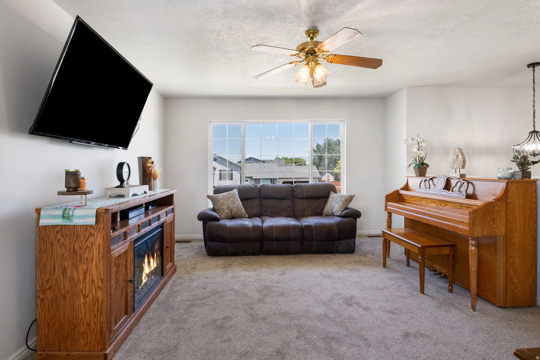 Bright room featuring a multi-pane window, ceiling fan with light fixture, and plush carpet flooring