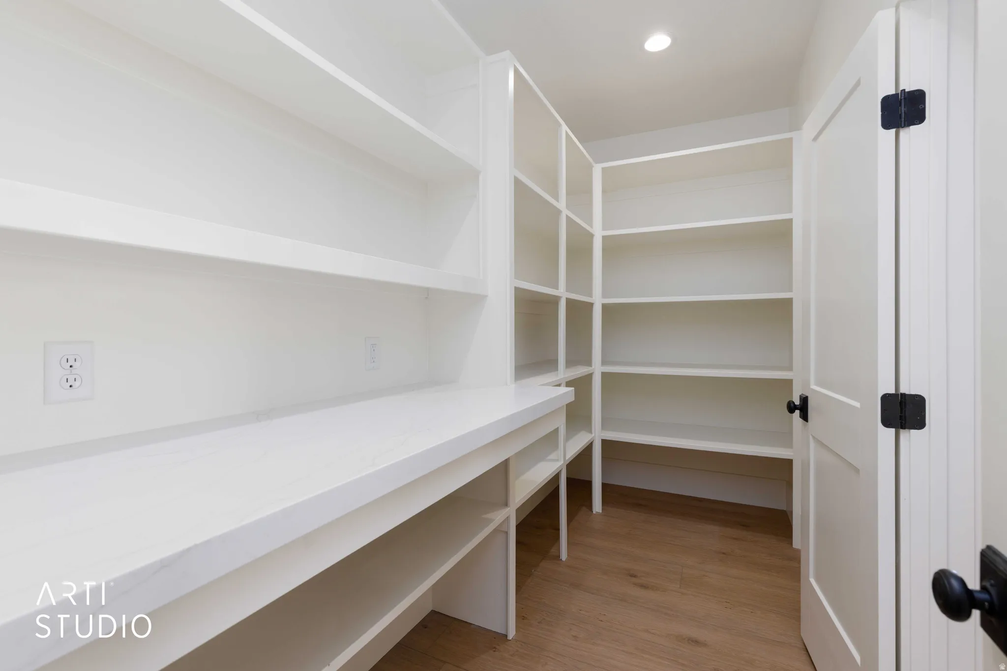 Built-in pantry featuring extensive white shelving, a solid white countertop, wood-finish flooring, recessed lighting, and a white paneled door with matte black hardware