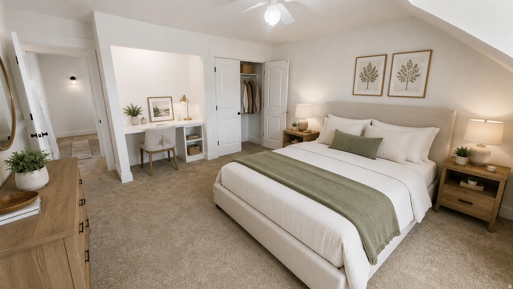 Ai enhanced photo. Carpeted bedroom featuring an integrated desk niche, built-in closet, ceiling fan, and sloped ceiling line