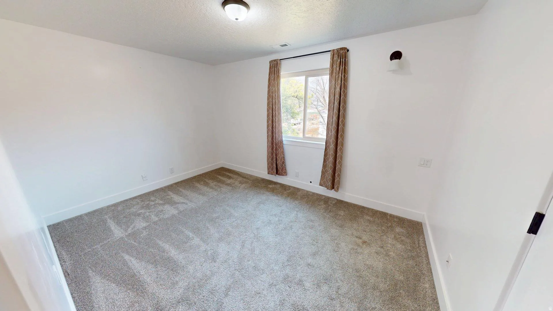 Carpeted room featuring a double window with blinds and drapes, a ceiling-mounted light fixture, and white painted walls