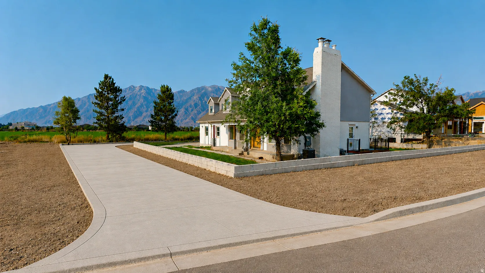 Ai enhanced photo used to show what the home can potentially look like when finished. Spacious driveway leading to a white two-story residence with a brick chimney