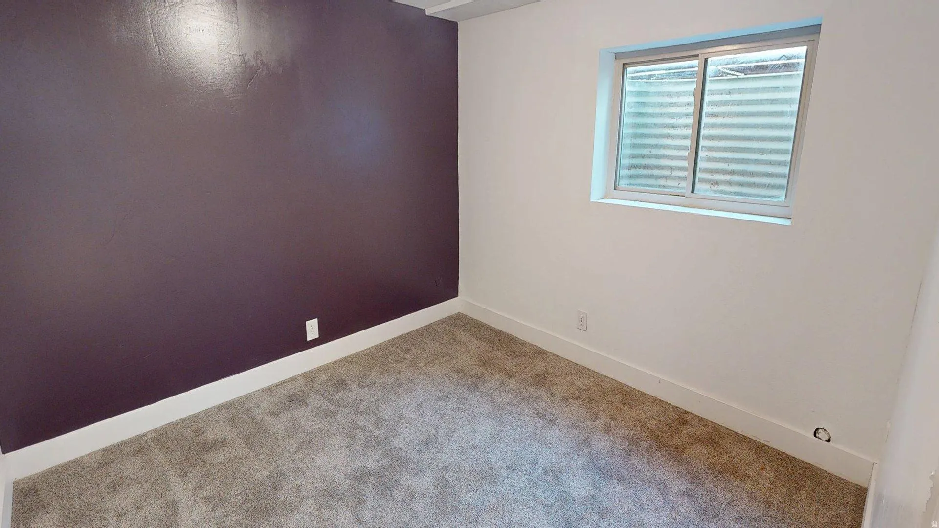 Carpeted room featuring a single window and a contrasting accent wall