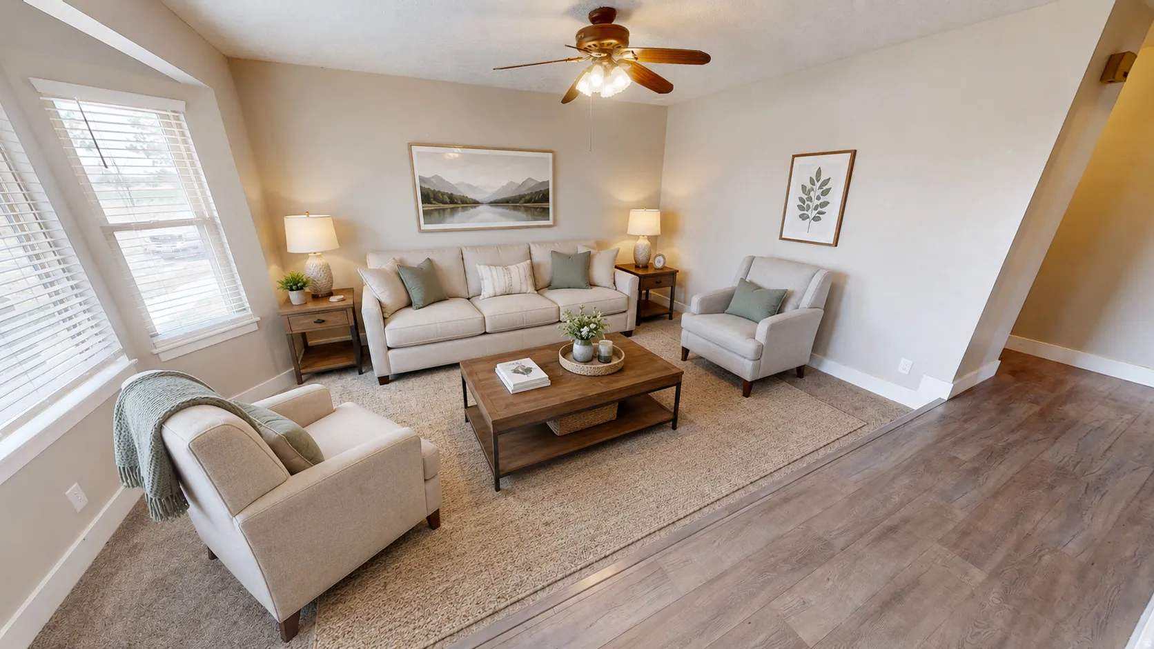 Ai enhanced photo. Living area featuring light neutral wall paint and a ceiling fan