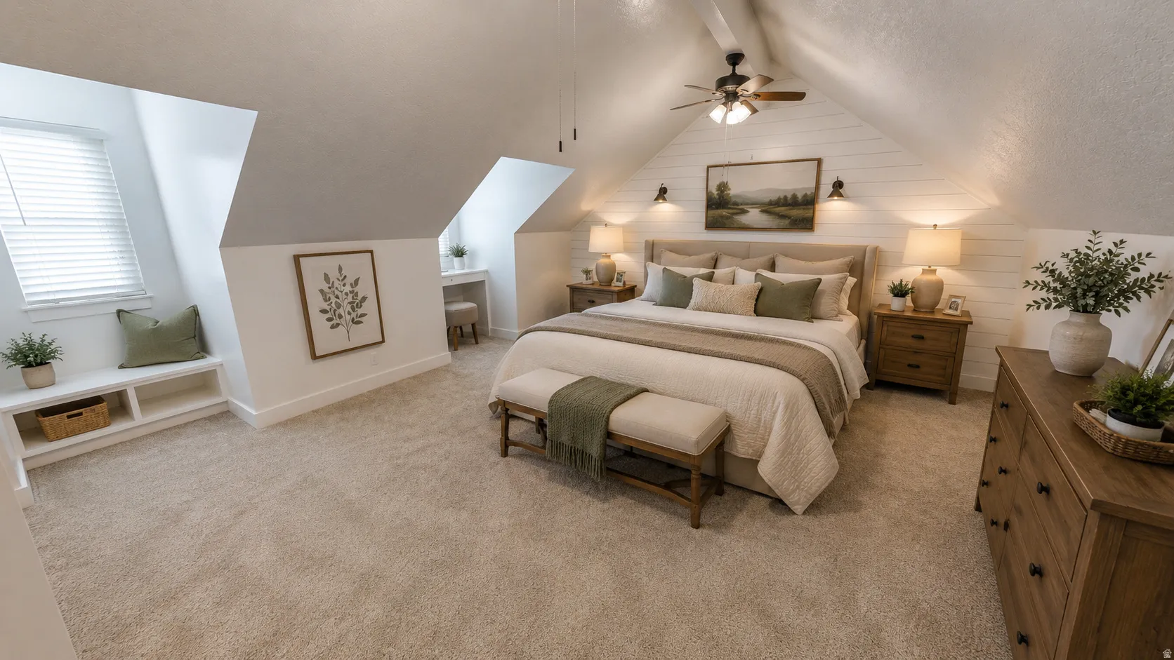 Ai enhanced photo. Spacious room featuring vaulted ceilings, shiplap accent wall, built-in window bench with storage, ceiling fan, and carpeted flooring