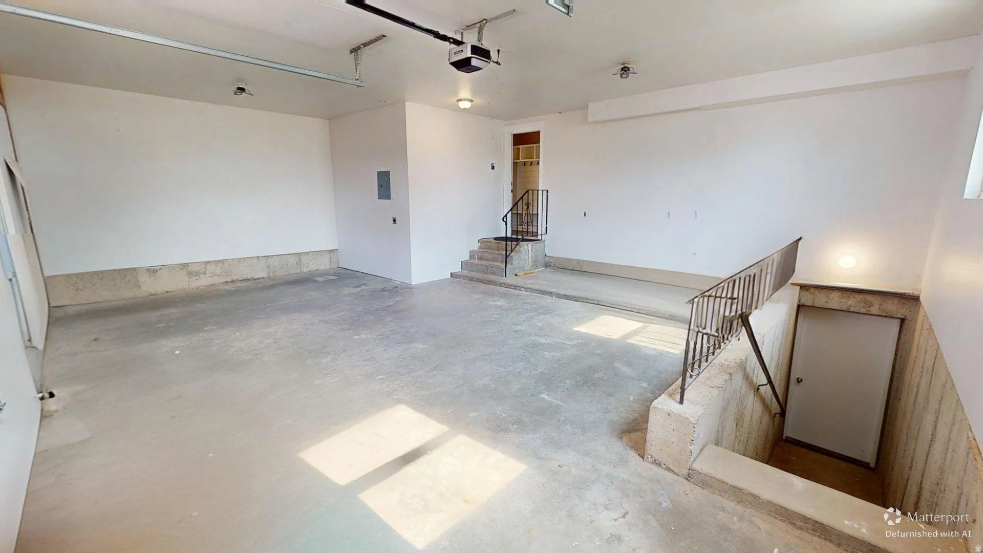 Ai enhanced photo. Spacious garage featuring a concrete floor, painted white walls, and an overhead garage door opener