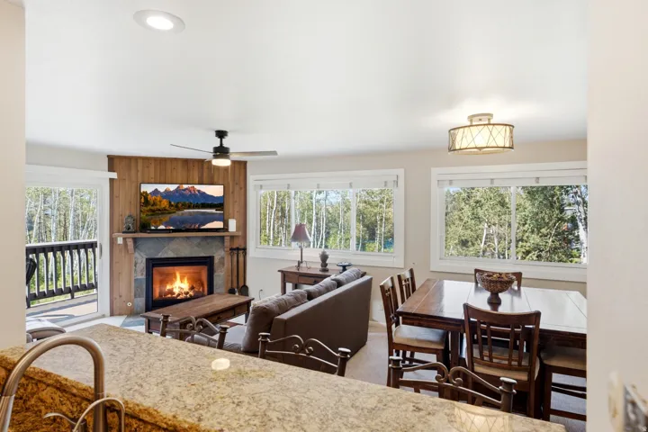 Living area featuring a stone-faced fireplace with a wood mantel, wood paneling, and an adjacent sliding glass door to a balcony